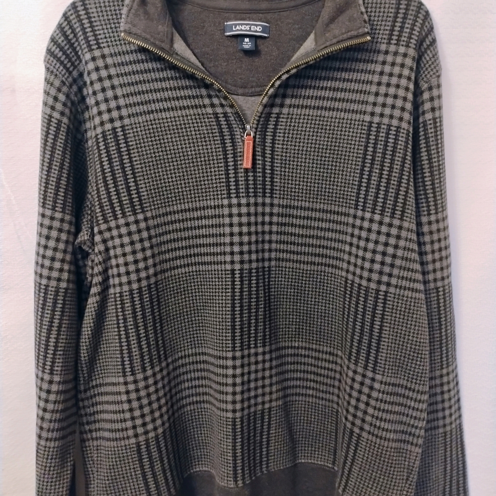 Lands' End Men's Bedford Rib Quarter Zip Gray Plaid Sweater